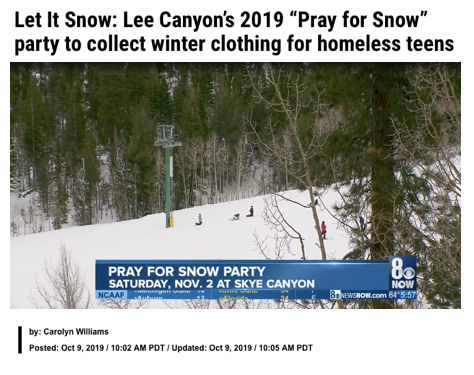 Let it Snow: Lee Canyon’s 2019 “Pray for Snow” party to collect winter clothing for homeless teens